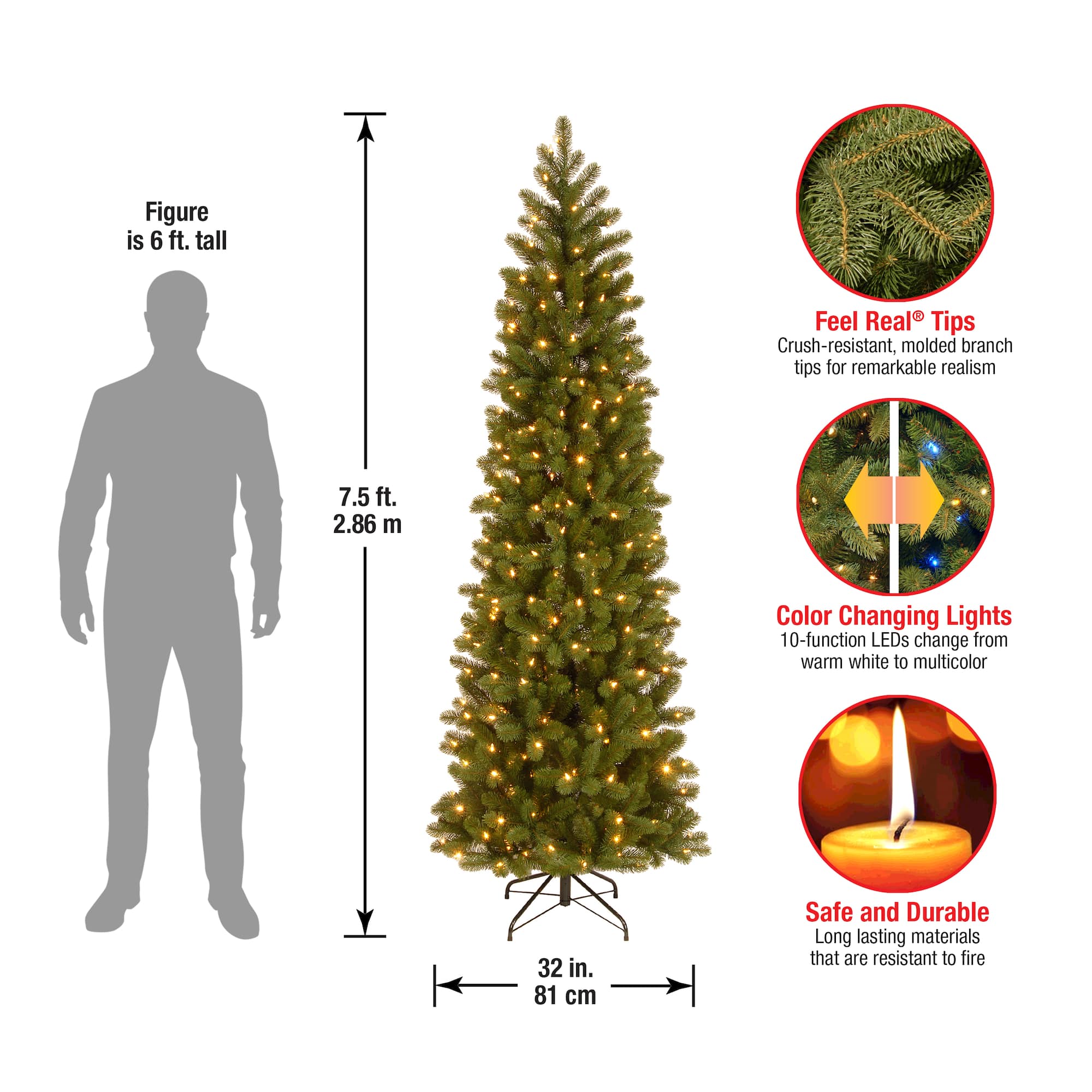 7.5 ft. Pre-lit Feel Real® Hinged Downswept Douglas Fir Slim Artificial Christmas Tree, Dual LED Lights